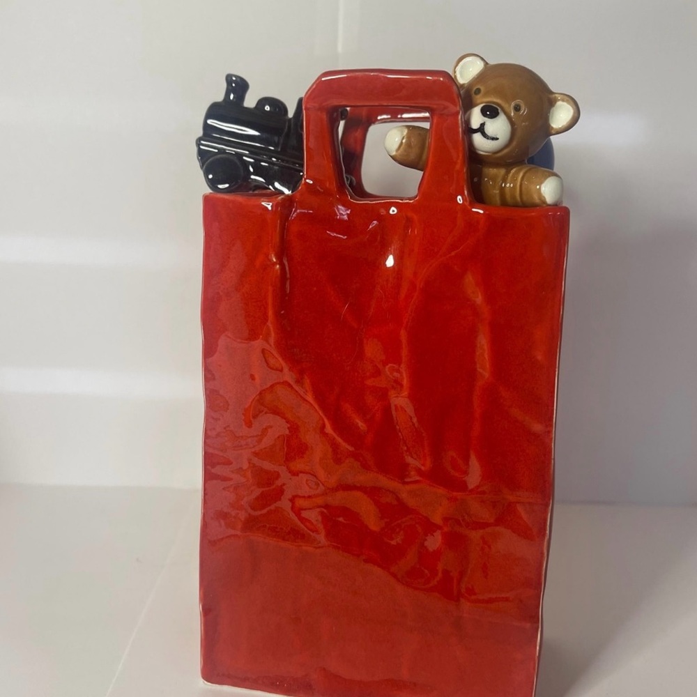 Dept 56 RARE Red Ceramic Bag with Teddy Bear and Train Figurine piggy bank